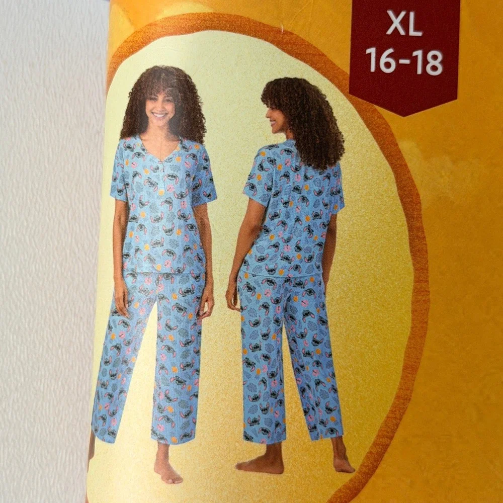 Disney Stitch 2PC Pajama Set Womens XL 16-18 Blue Ribbed Short Sleeve Henley PJs - Picture 6 of 7